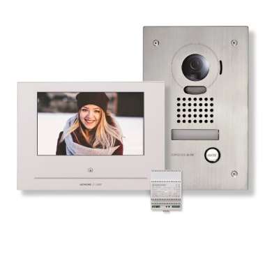 Kit vidéophone 2 fils poste de rue encastré anti-vandales alu 1 bouton + 1 poste intérieur couleurs 7" mains-libres, mémoire et applications mobiles JOS1FW Aiphone