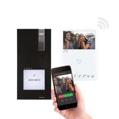 Kit vidéophone 2 fils poste de rue en saillie à 1 bouton Quadra + 1 moniteur intérieur couleur 4.3" Mini mains-libres et Wi-Fi 8451V/BLACK Comelit