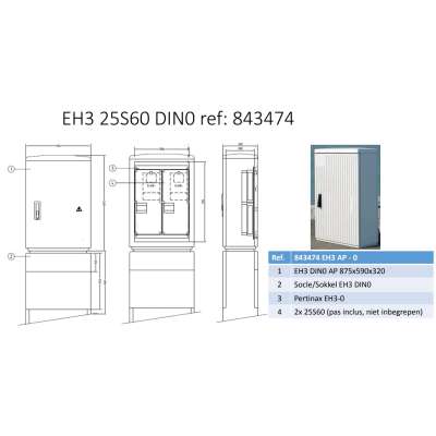 Armoire de trottoir EH3/AP-0 montée pour 2 modules 25S60 ou 25D60 avec socle et platine L=590 x P=320 x H=875mm ABB-Vynckier