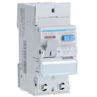 Interrupteur différentiel type A bipolaire 2P/40A -  30mA Quick Connect CDS240E Hager