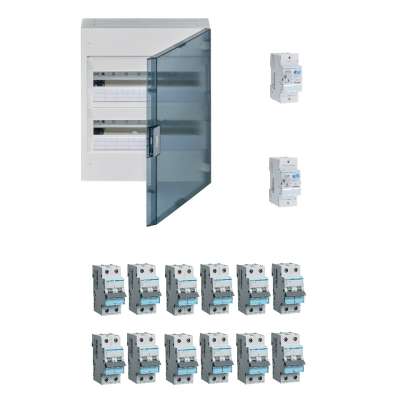 Coffret apparent 2x18 modules précâblé monophasé 230V 63A pour 12 circuits avec porte transparente Hager