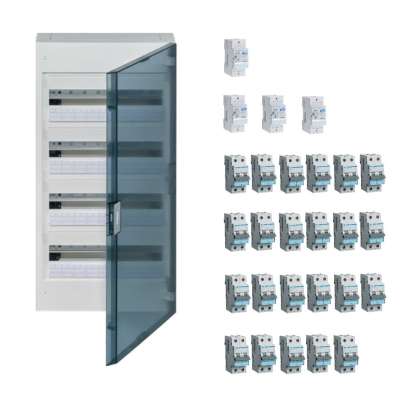 Coffret apparent 4x18 modules précâblé monophasé 230V 63A pour 23 circuits avec porte transparente Hager