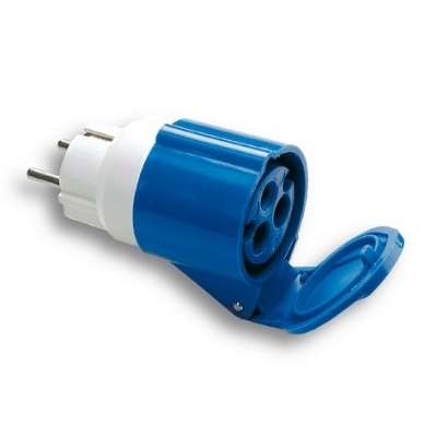 Adaptateur fiche mâle 16A/230V 2P+T et fiche femelle CE bleue 16A/230V 2P+T IP44