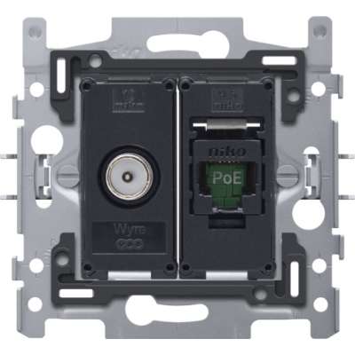 Socle combiné prise informatique RJ45 (UTP5) prêt PoE++ et prise TV agréée Telenet Interkabel Voo Niko