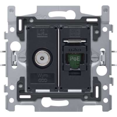 Socle combiné prise informatique RJ45 (UTP6A) prêt PoE++ et prise TV agréée Telenet Interkabel Voo Niko