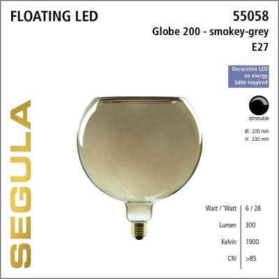 Dimmable floating Led Globe 200 smokey grey 6W/Ø200/1900K/Cri 90/E27/240Lm blanc chaud SG-55058 Segula