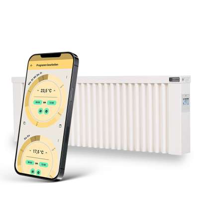 Radiateur électrique à inertie bas SLIM 1200W blanc RAL 9010 avec thermostat FlexiSmart Pro AeroFlow® HFLx012 Thermotec