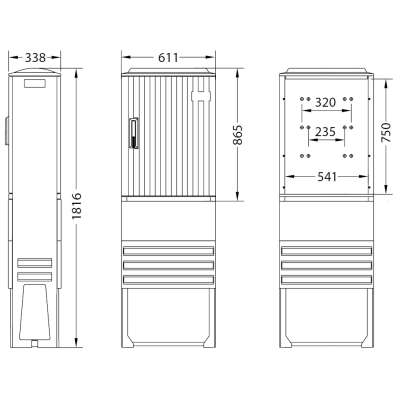 Armoire de trottoir type EH3 DIN 0 montée pour 2 modules 25S60 ou 25D60 avec socle et platine L=611 x P=338 x H=865/1816mm KM472 UESA