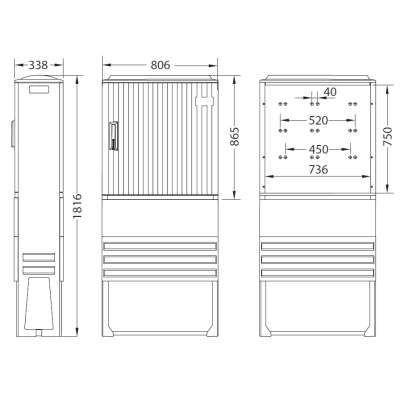 Armoire de trottoir type EH3 DIN 1 montée pour 2 modules 25S60 ou 25D60 avec socle et platine L=806 x P=338 x H=865/1816mm KM474 UESA