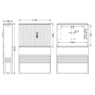 Armoire de trottoir type EH3 DIN 2 montée pour 4 modules 25S60 ou 25D60 avec socle et platine L=1136 x P=338 x H=865/1816mm KM476 UESA