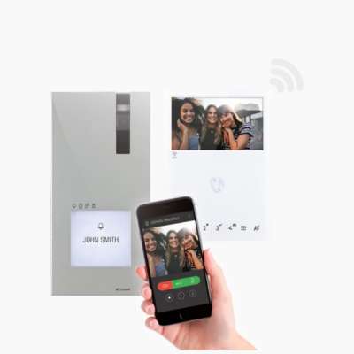 Kit vidéophone 2 fils poste de rue en saillie à 1 bouton Quadra + 1 moniteur intérieur couleur 4.3" Mini mains-libres et Wi-Fi 8451V Comelit