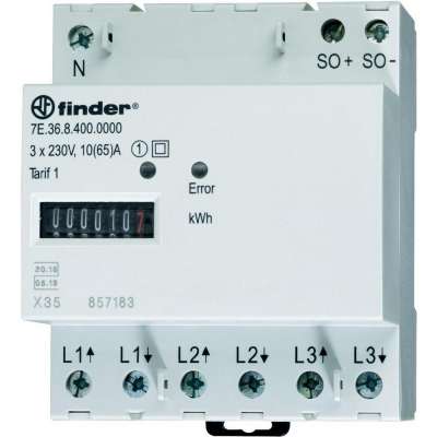 Compteur d'énergie analogique DIN triphasé 10/65A MID (Certificats Verts) Annexe B+D simple tarif 7E.36.8.400.0010 Finder