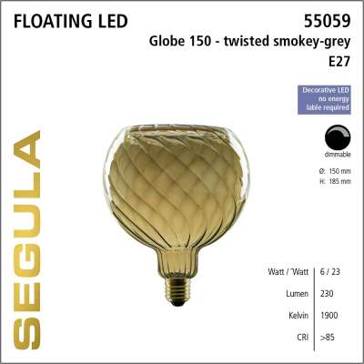 Dimmable floating Led Globe 150 twisted smokey grey 6W/Ø150/1900K/Cri 85/E27/230Lm blanc chaud SG-55059 Segula