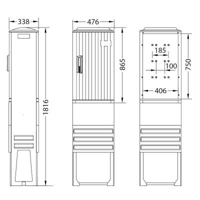 Armoire de trottoir type EH3 DIN 00 montée pour 1 module 25S20 ou 25D60 avec socle et platine L=476 x P=338 x H=865/1816mm KM471 UESA